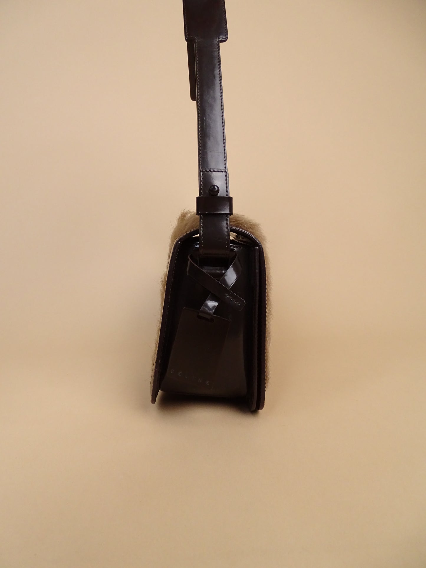 Céline "Hobo" Vintage / Rare Sac À Main Marron Cuir Veau Vernis & Pony Hair