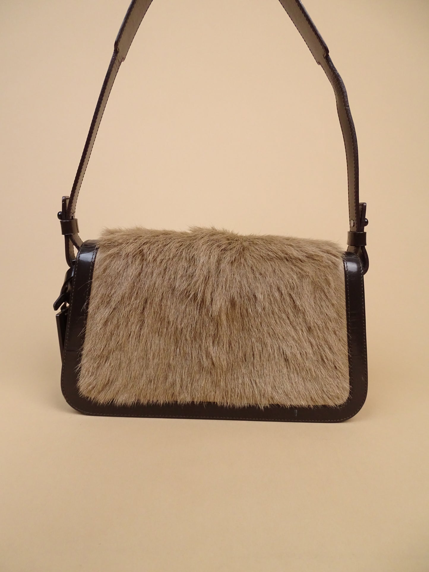 Céline "Hobo" Vintage / Rare Sac À Main Marron Cuir Veau Vernis & Pony Hair