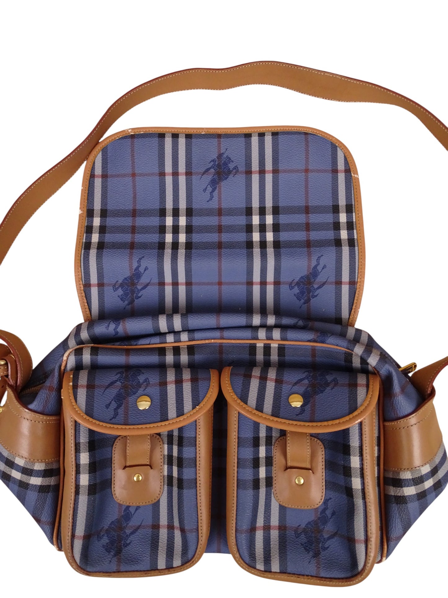 Sacoche Burberry Voyage Nova Check Cuir PVC Bleu Doré Vintage 70/80'