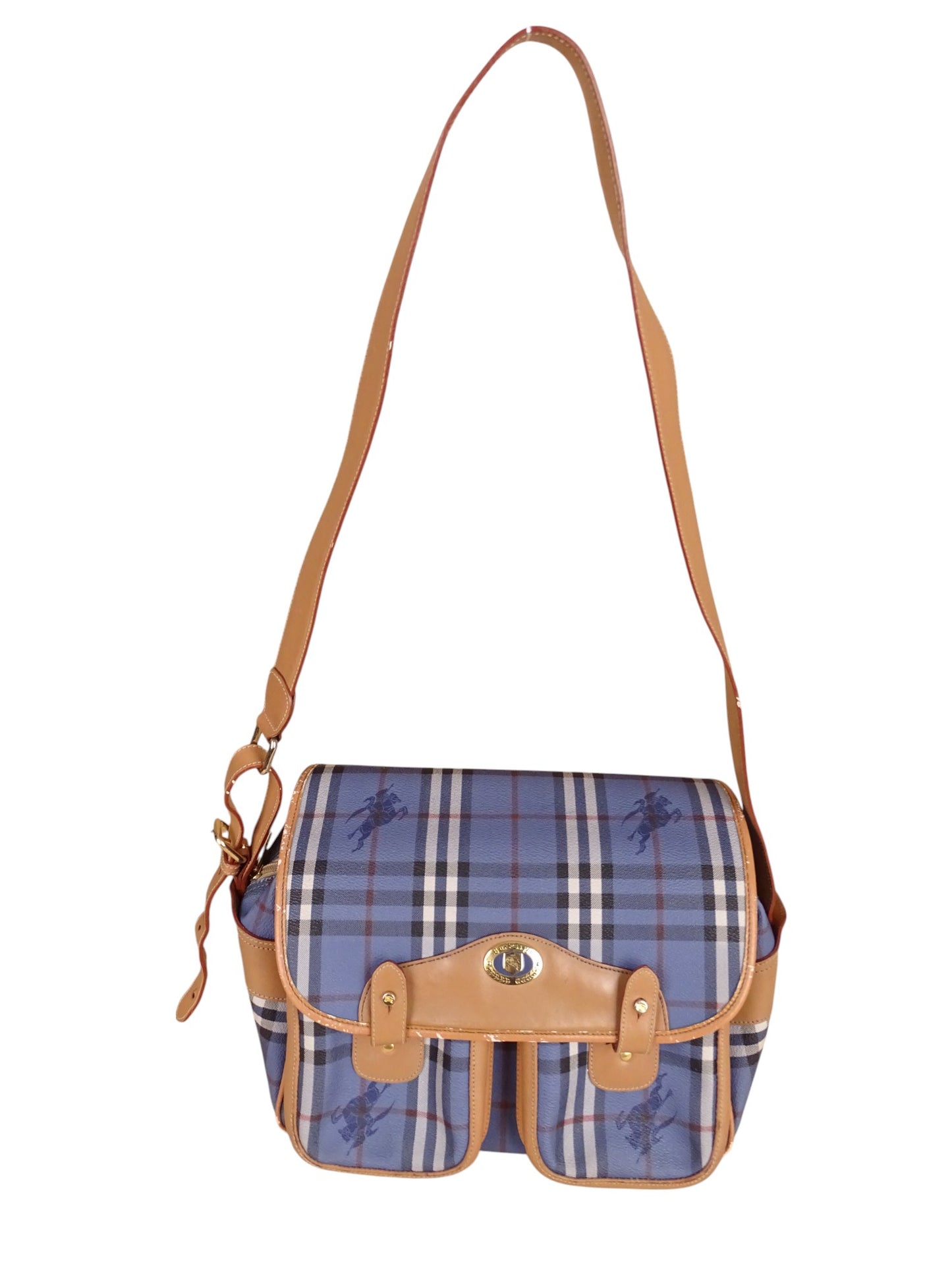Sacoche Burberry Voyage Nova Check Cuir PVC Bleu Doré Vintage 70/80'