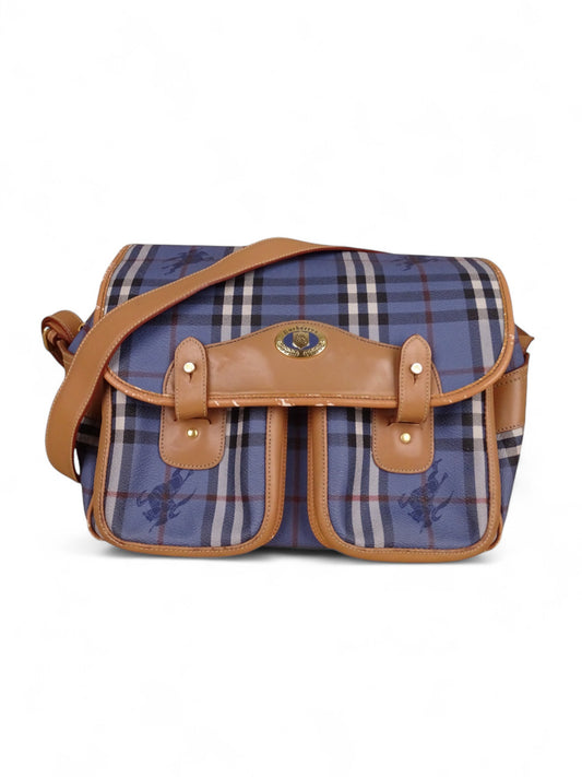 Sacoche Burberry Voyage Nova Check Cuir PVC Bleu Doré Vintage 70/80'
