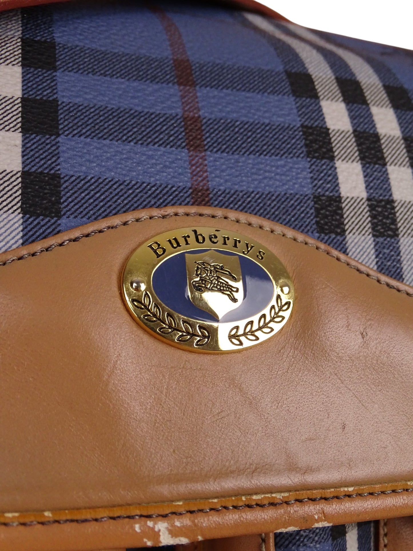 Sacoche Burberry Voyage Nova Check Cuir PVC Bleu Doré Vintage 70/80'