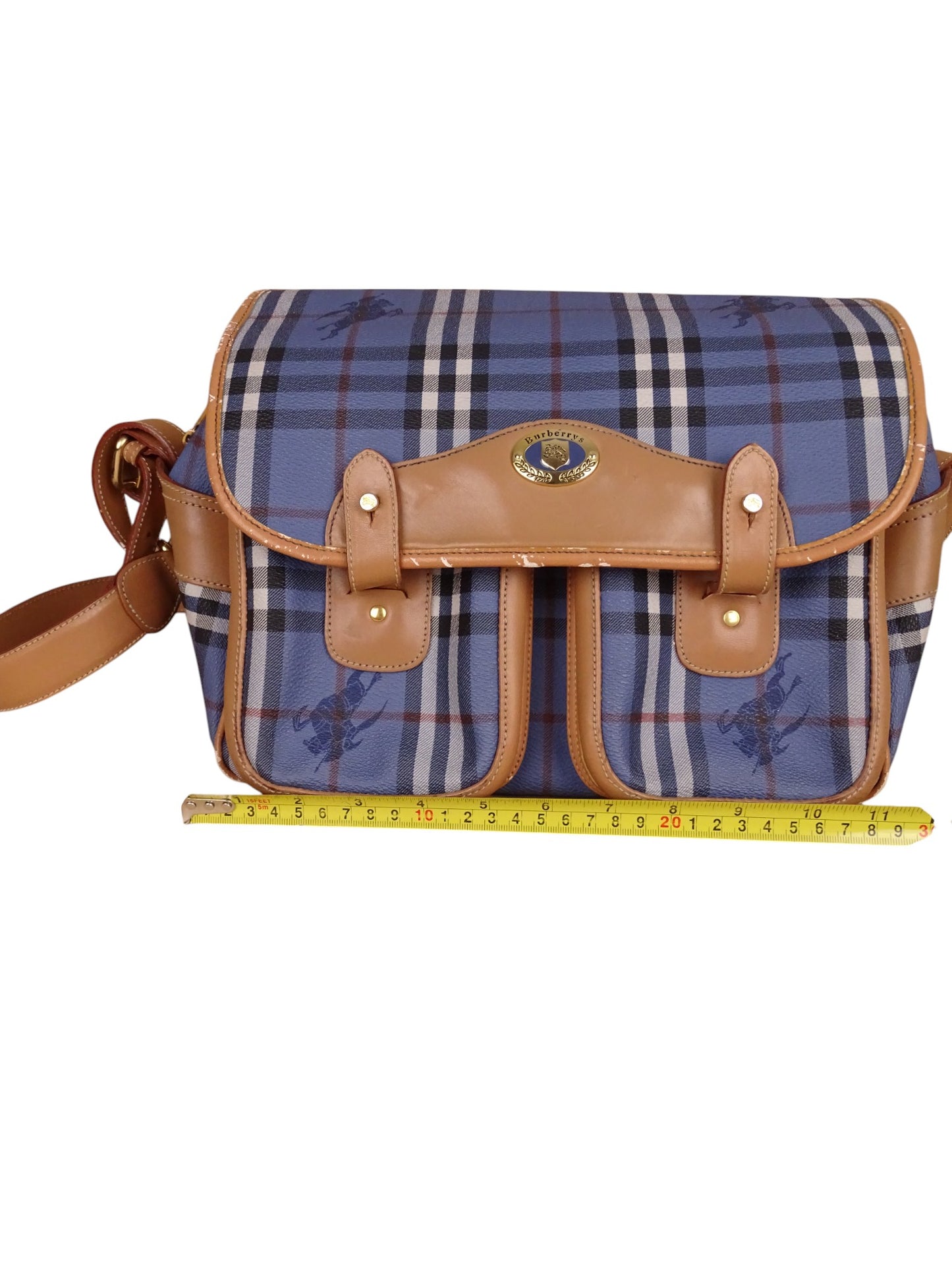 Sacoche Burberry Voyage Nova Check Cuir PVC Bleu Doré Vintage 70/80'