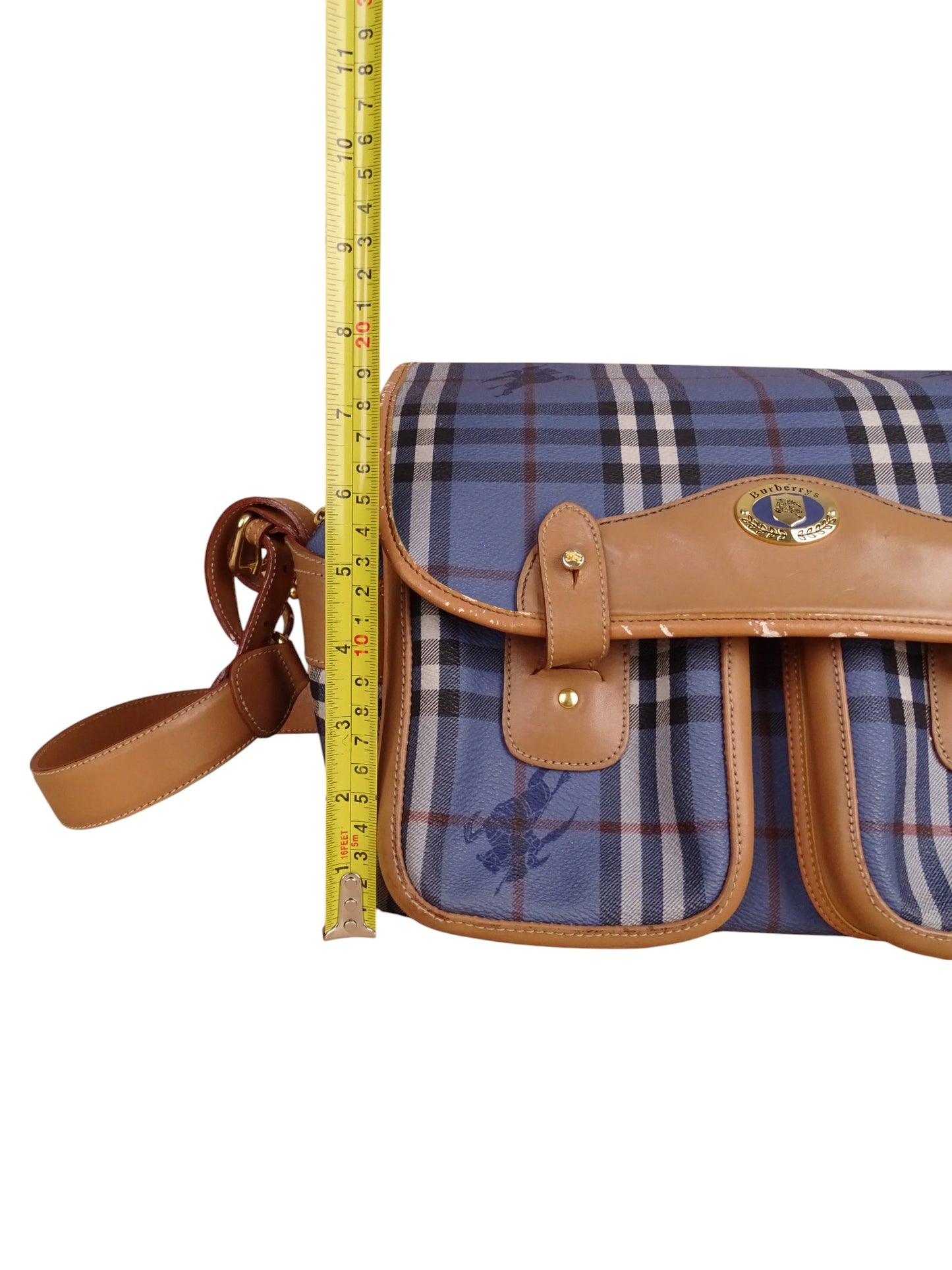 Sacoche Burberry Voyage Nova Check Cuir PVC Bleu Doré Vintage 70/80'