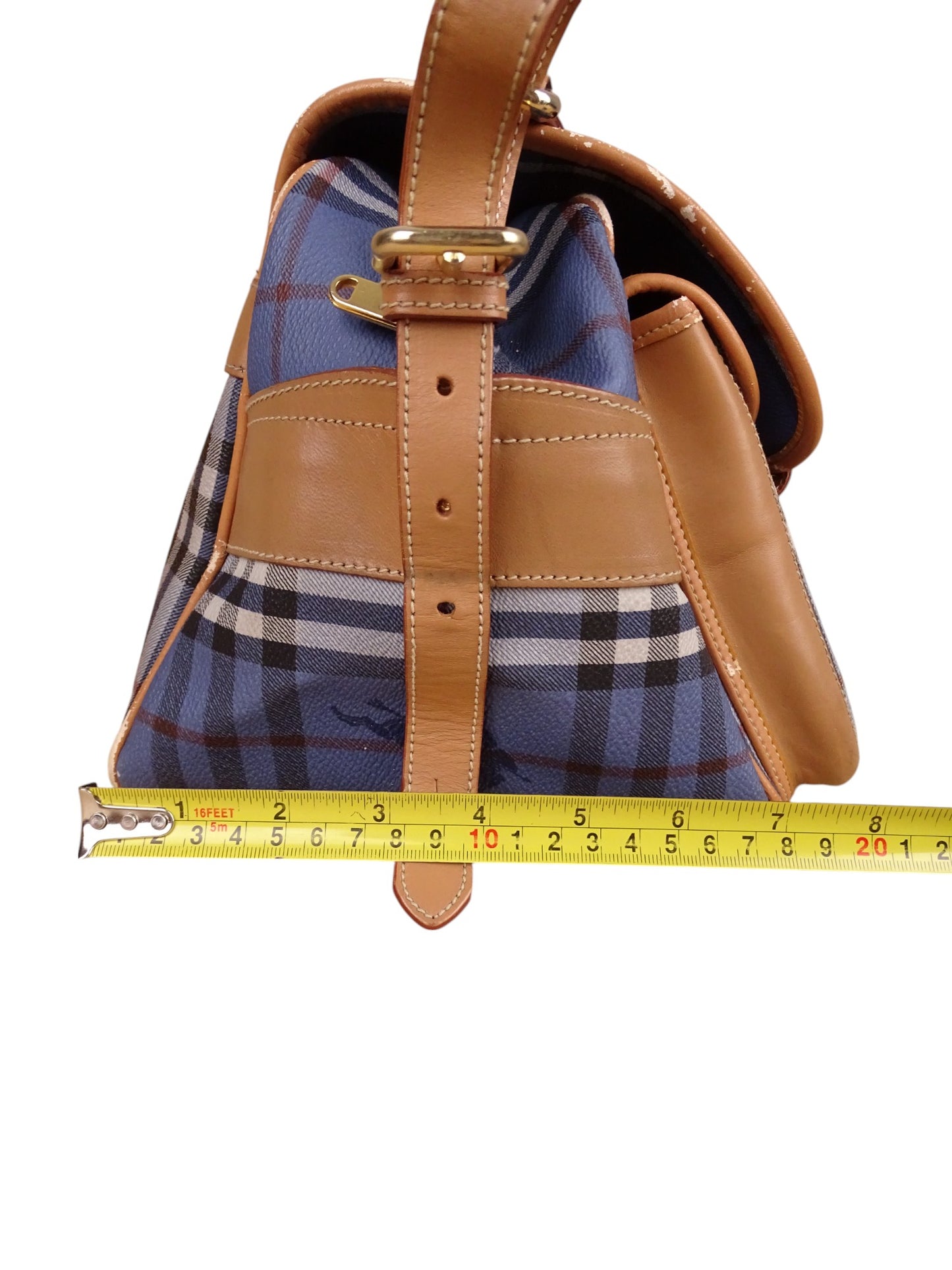 Sacoche Burberry Voyage Nova Check Cuir PVC Bleu Doré Vintage 70/80'