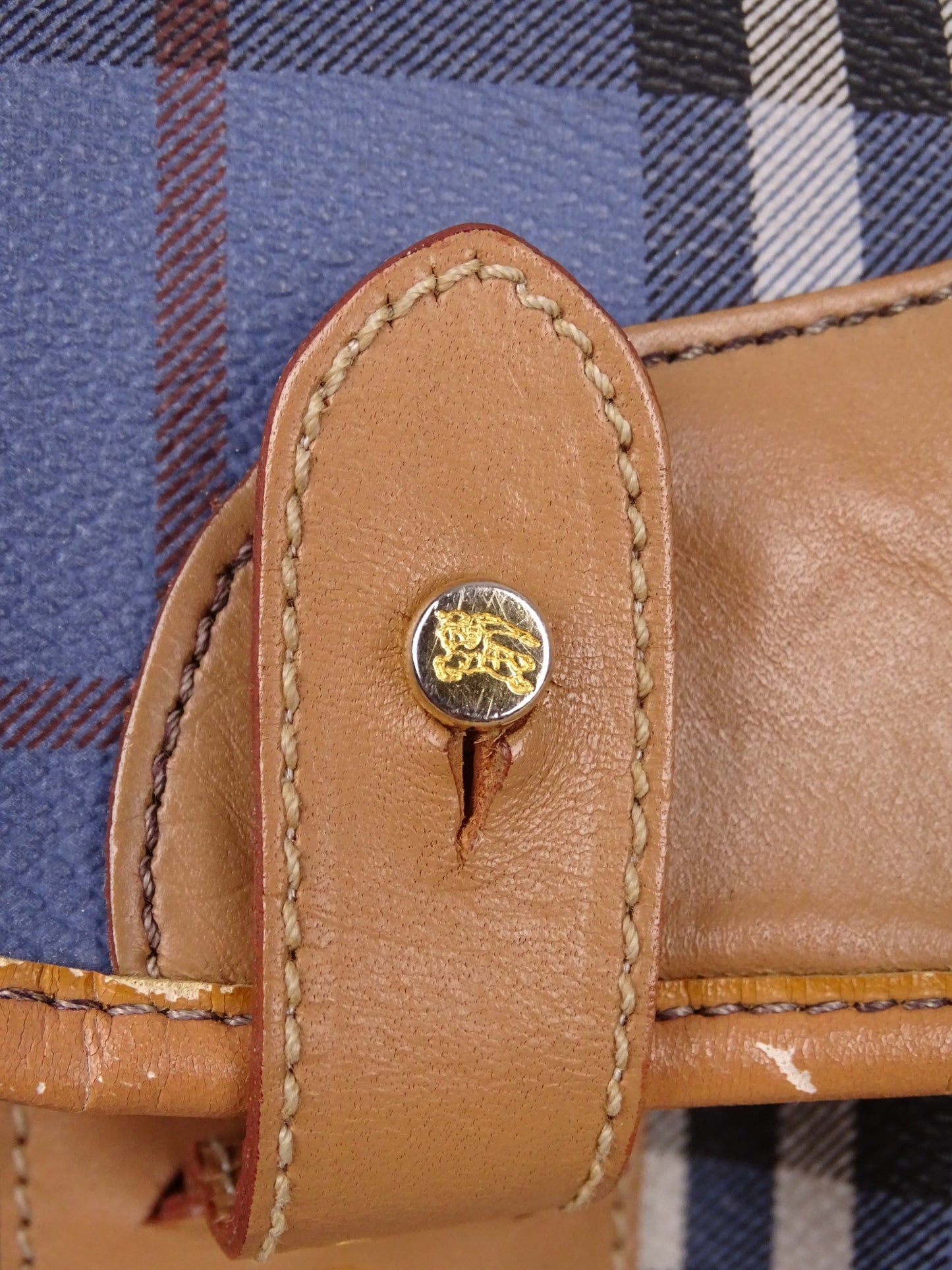Sacoche Burberry Voyage Nova Check Cuir PVC Bleu Doré Vintage 70/80'
