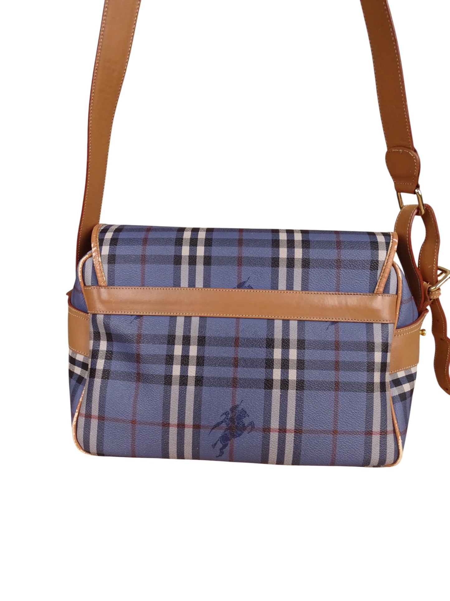 Sacoche Burberry Voyage Nova Check Cuir PVC Bleu Doré Vintage 70/80'