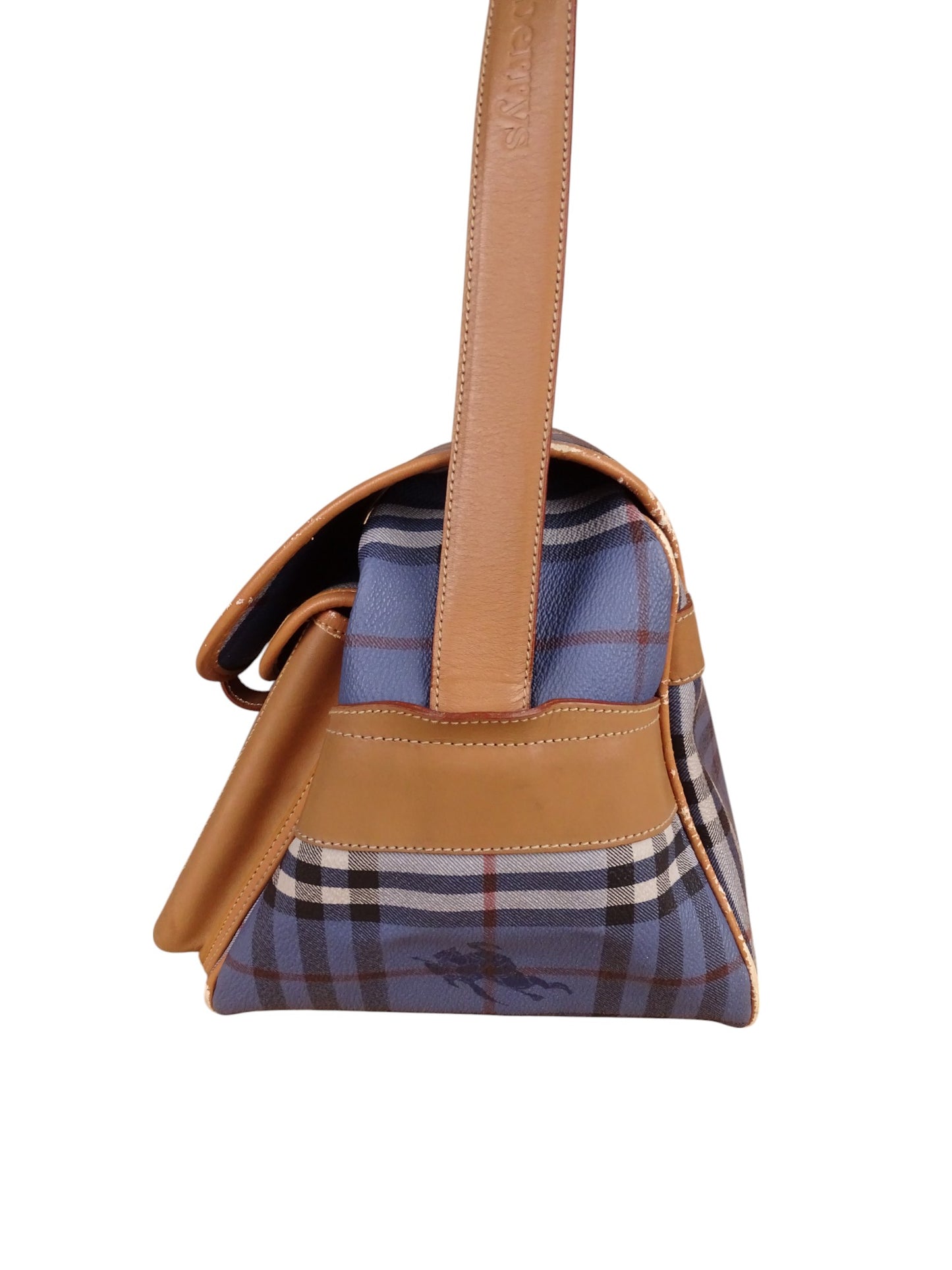 Sacoche Burberry Voyage Nova Check Cuir PVC Bleu Doré Vintage 70/80'