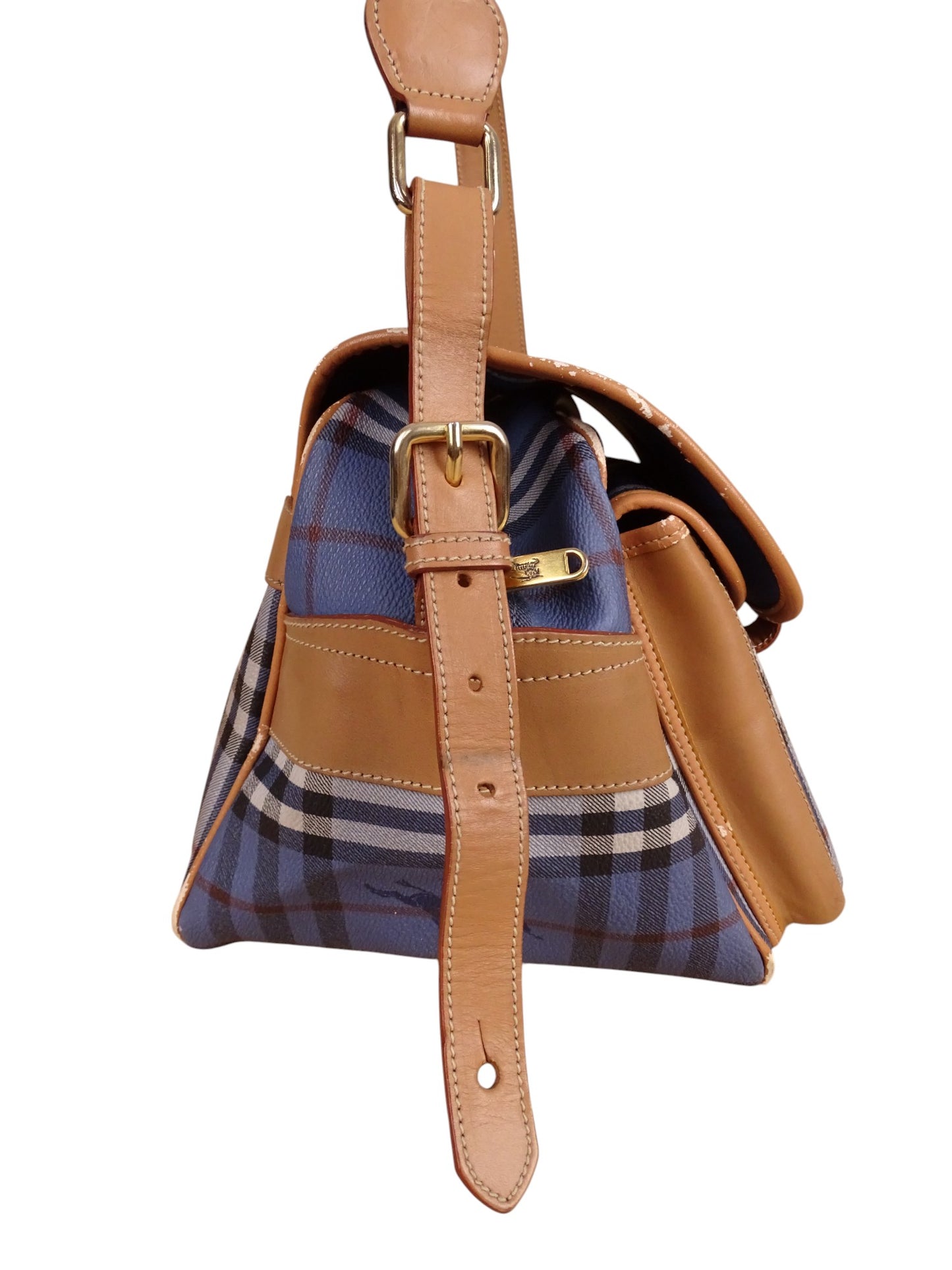 Sacoche Burberry Voyage Nova Check Cuir PVC Bleu Doré Vintage 70/80'