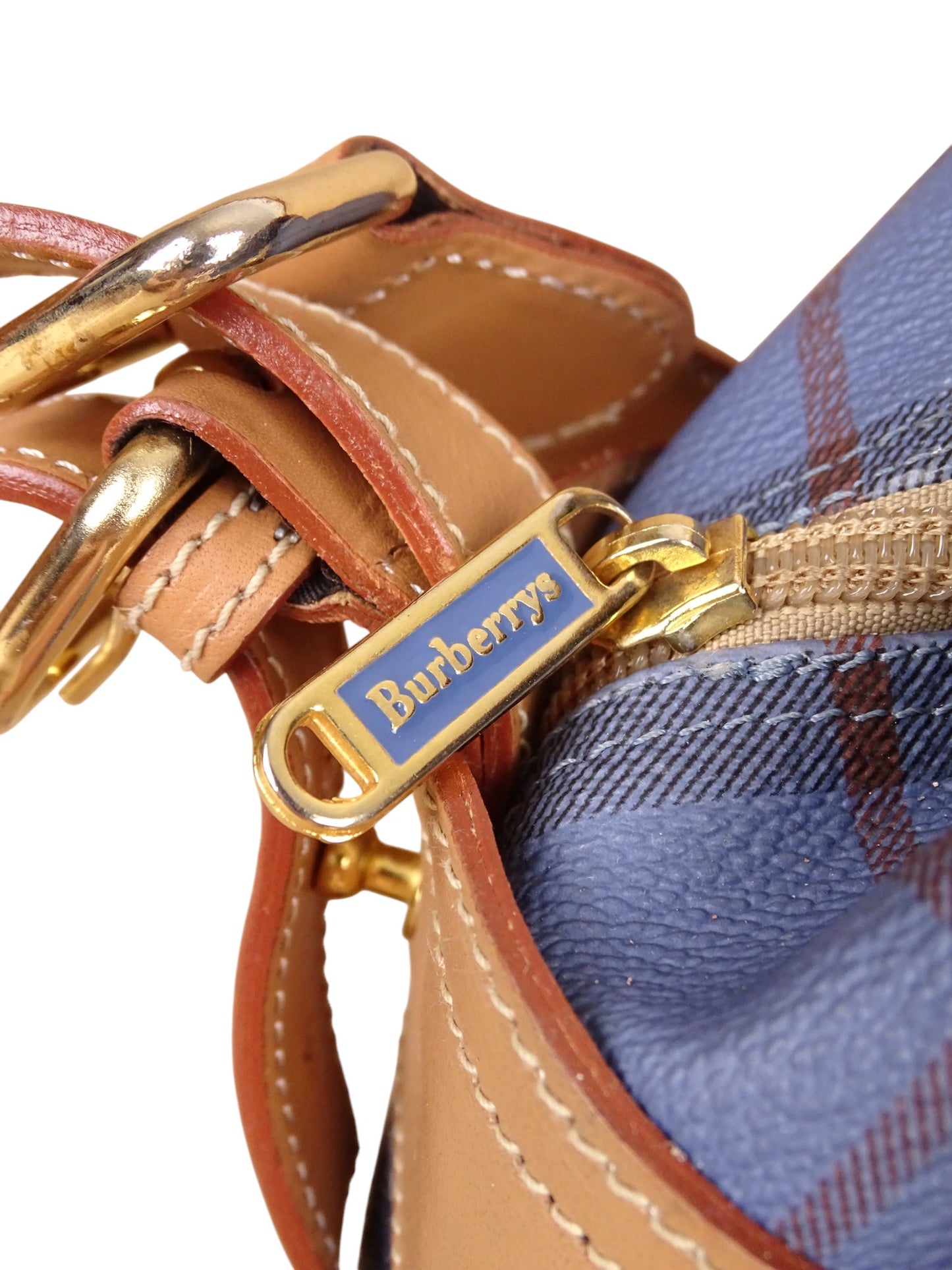 Sacoche Burberry Voyage Nova Check Cuir PVC Bleu Doré Vintage 70/80'