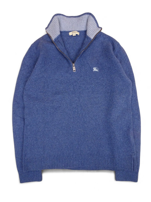 Burberry Pull Half Zip Col Montant Bleu Laine S Homme