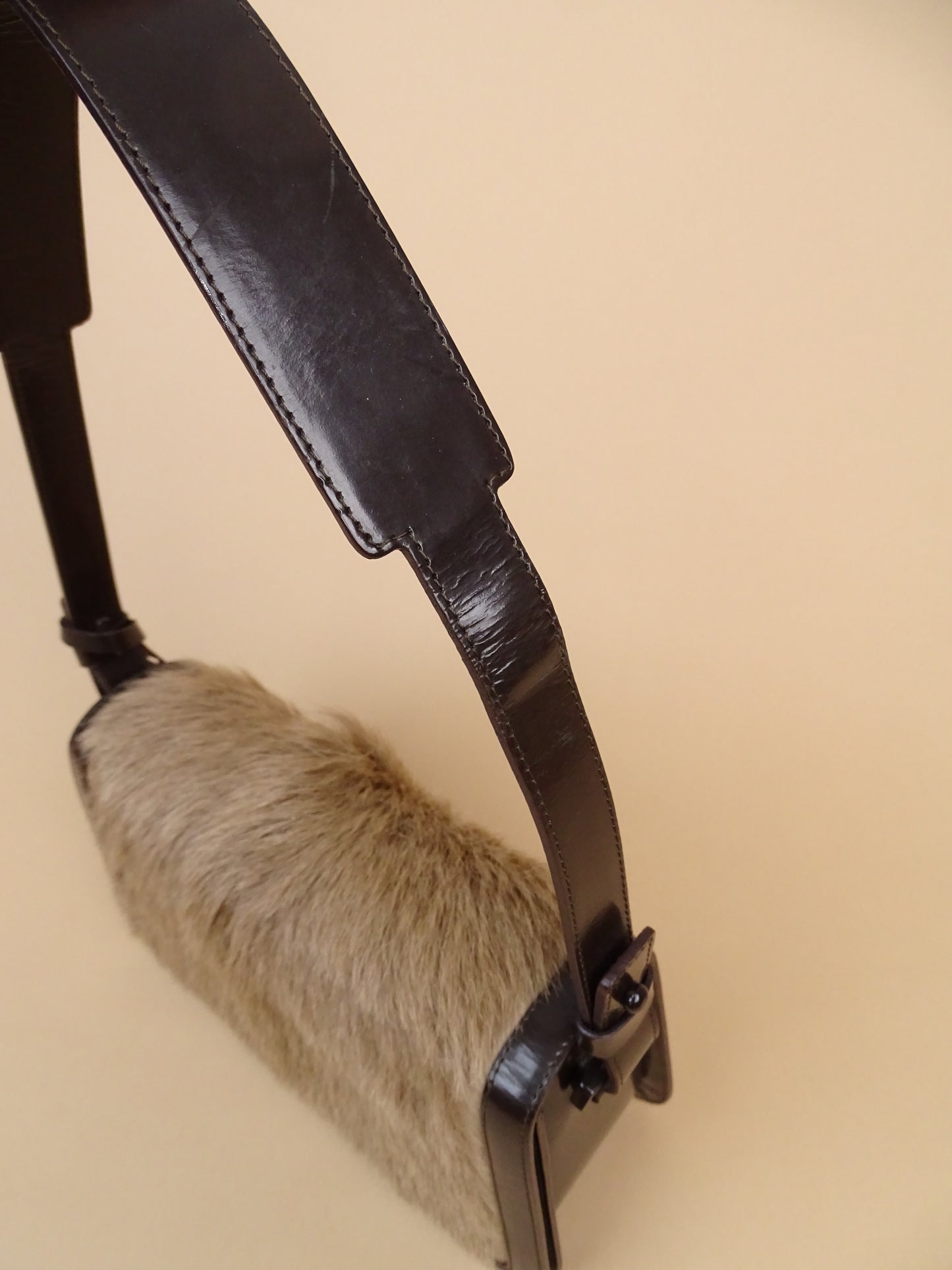 Céline "Hobo" Vintage / Rare Sac À Main  Marron Cuir Veau Vernis & Pony Hair