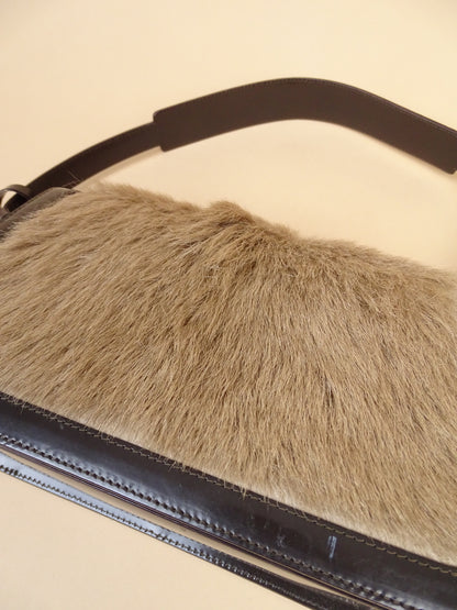 Céline "Hobo" Vintage / Rare Sac À Main  Marron Cuir Veau Vernis & Pony Hair