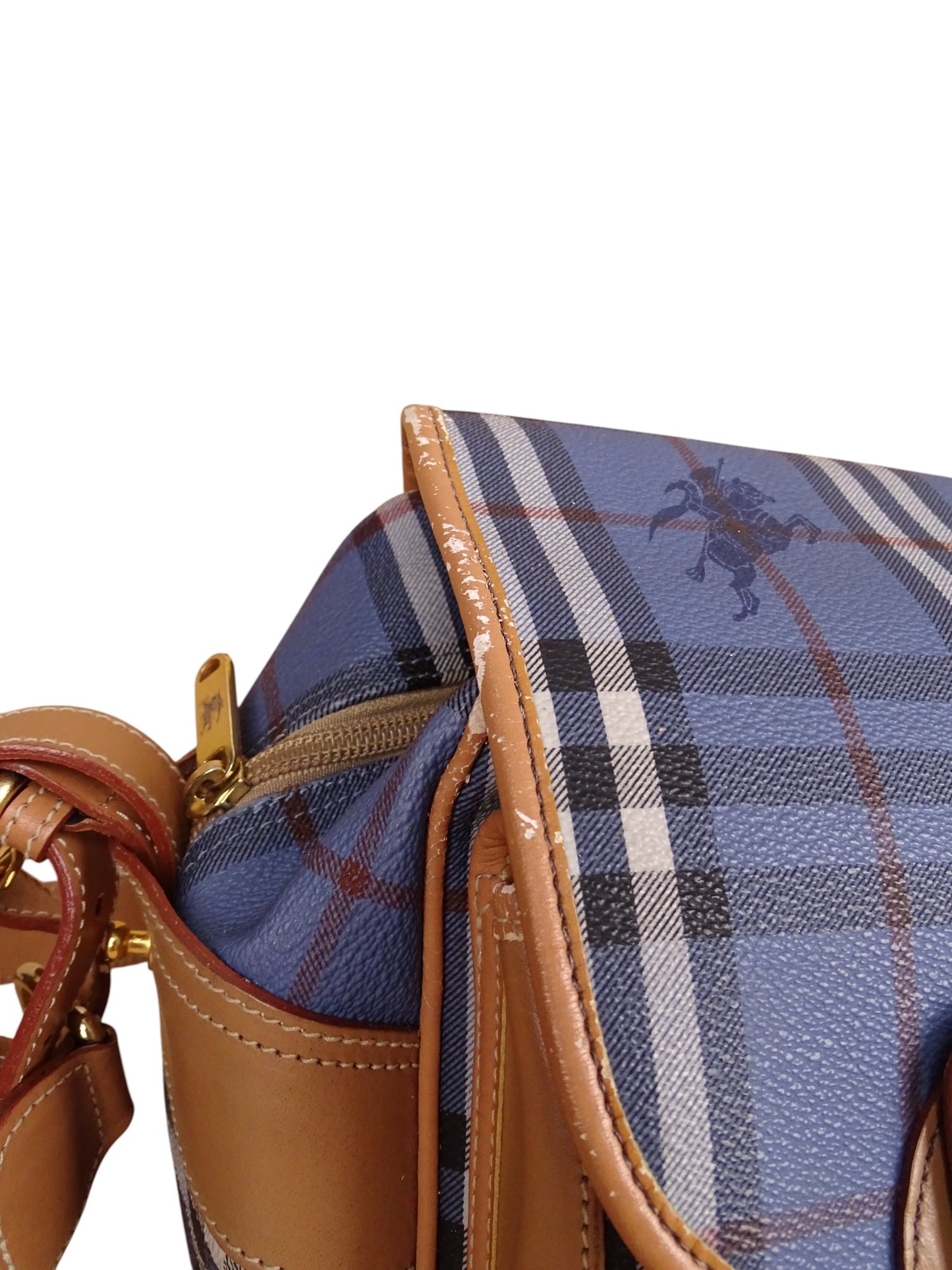 Sacoche Burberry Voyage Nova Check Cuir PVC Bleu Doré Vintage 70/80'