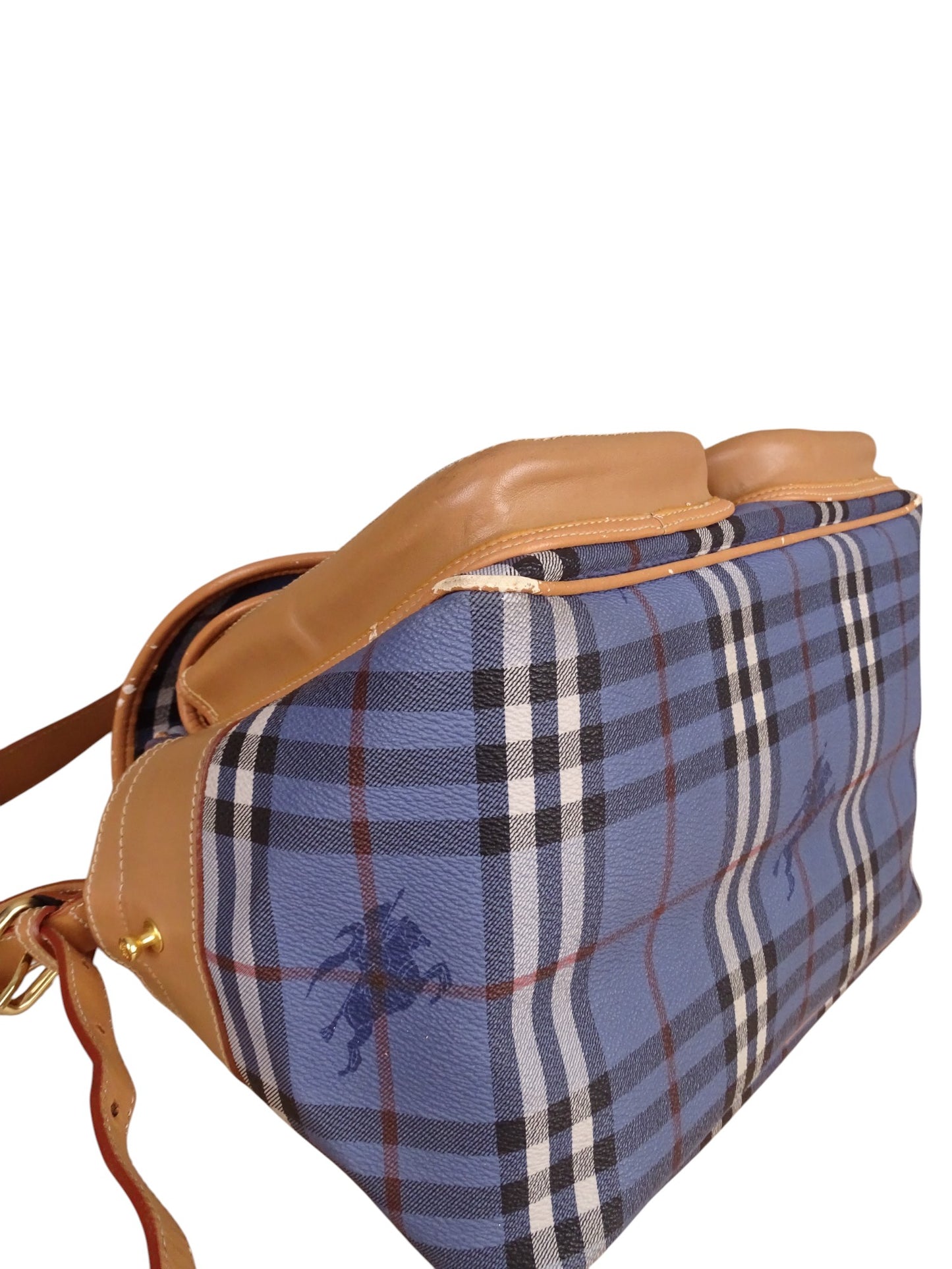 Sacoche Burberry Voyage Nova Check Cuir PVC Bleu Doré Vintage 70/80'