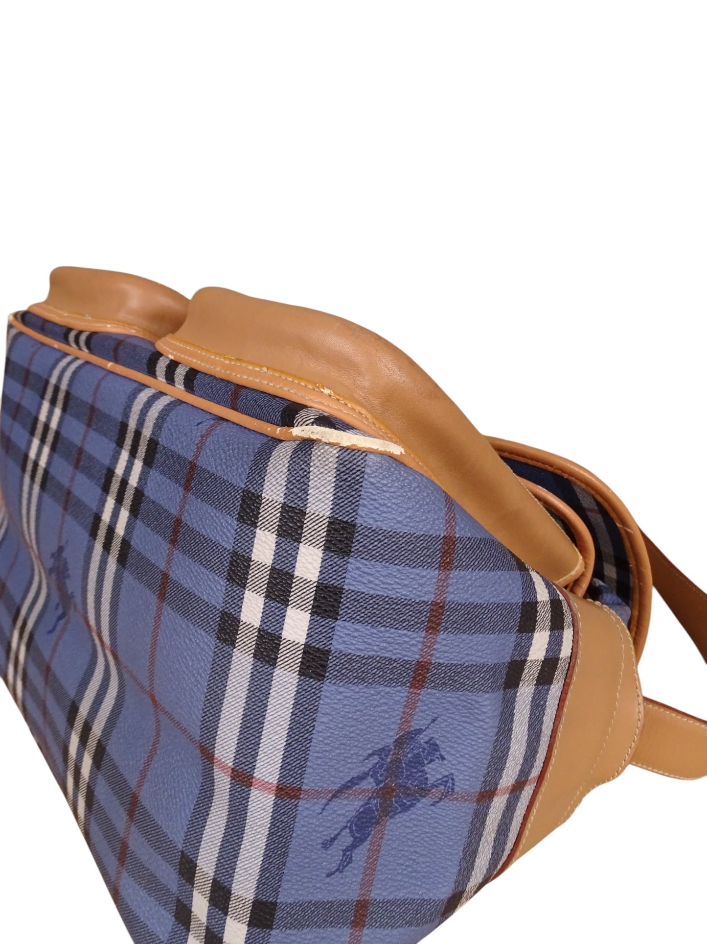 Sacoche Burberry Voyage Nova Check Cuir PVC Bleu Doré Vintage 70/80'
